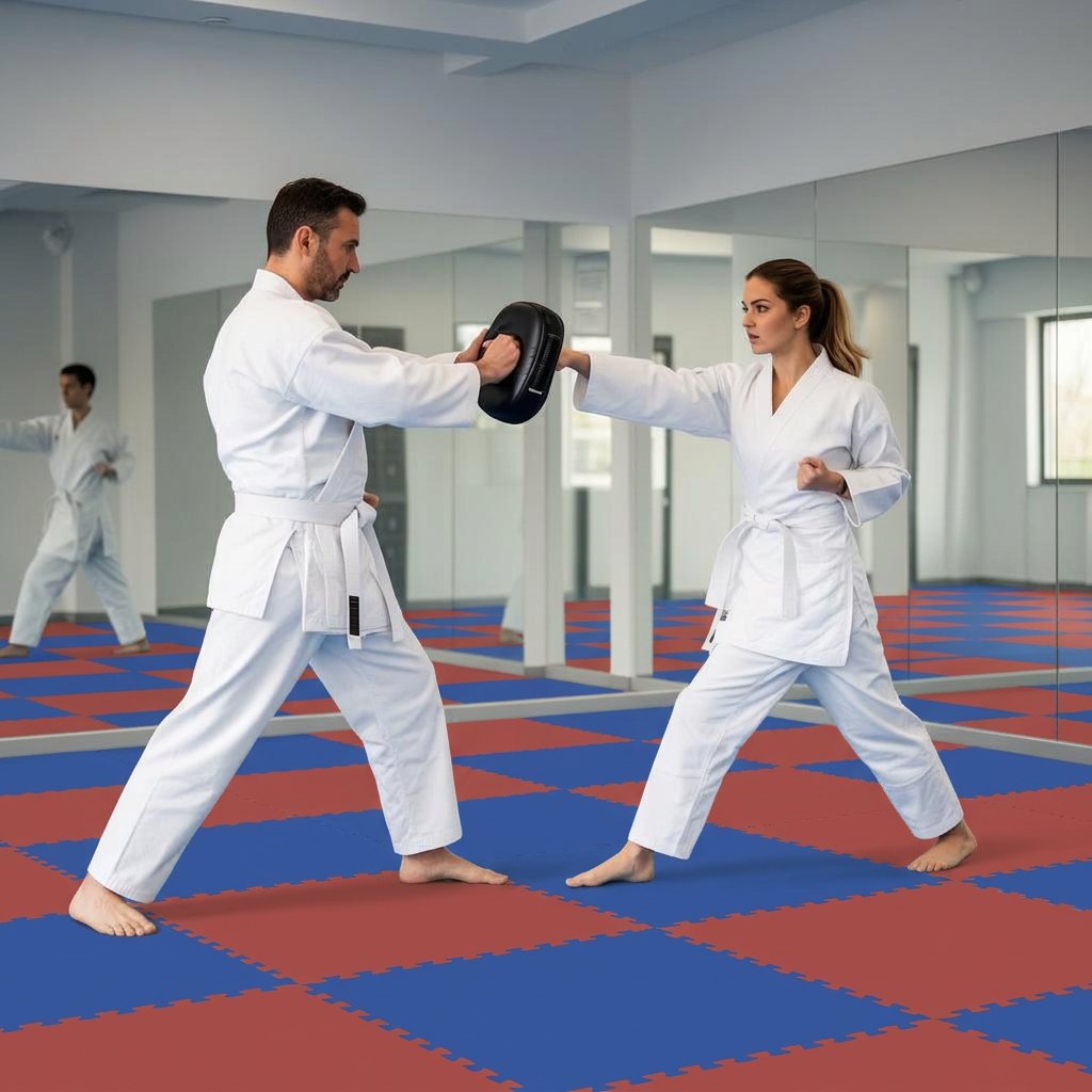 Get Strong. students practicing drills during class at Roman's Shin Karate in Hamilton