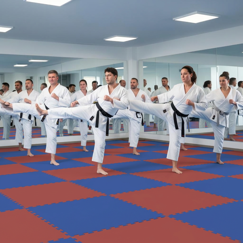 Get Strong. students practicing drills during class at Roman's Shin Karate in Hamilton