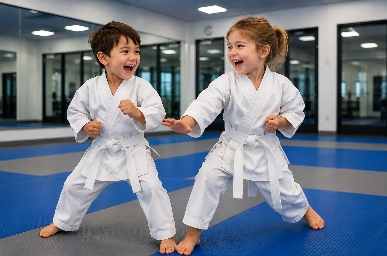 Is Your Preschooler students practicing drills during class at Roman's Shin Karate in Hamilton