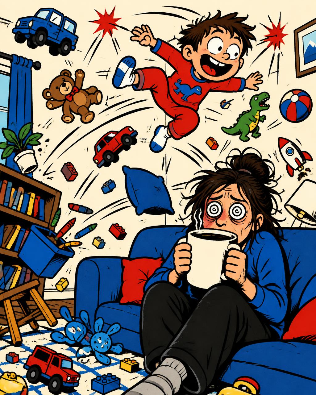 Cartoon of a preschooler bouncing off the walls while a tired parent clutches a coffee mug