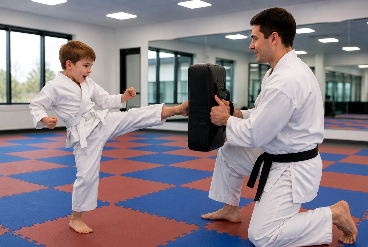 An instructor leading a Is Your Preschooler class at Roman's Shin Karate in Hamilton